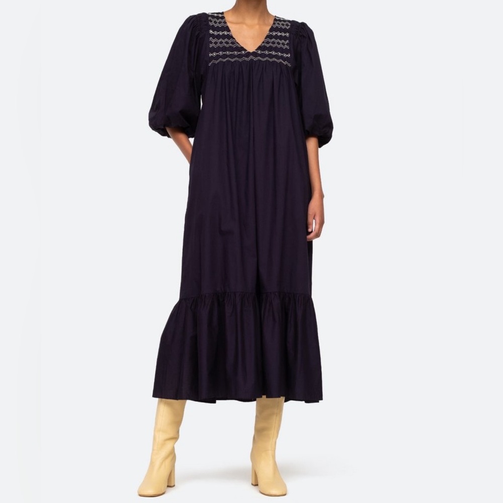Sea New York Glady’s Smocked Embroidered Puff Sleeve Maxi Navy Dress Small